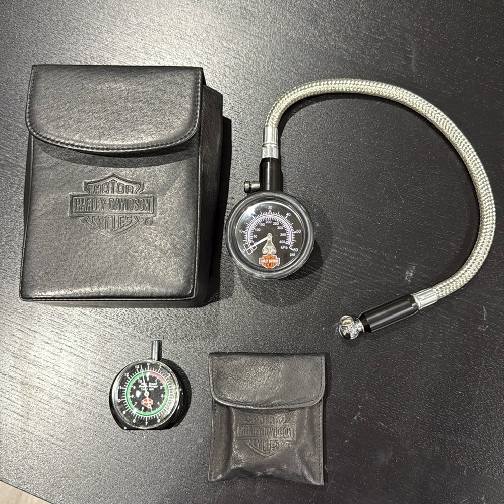 Harley-Davidson Vintage Tire Pressure Gage and Tread Depth Tester in Leather Bag